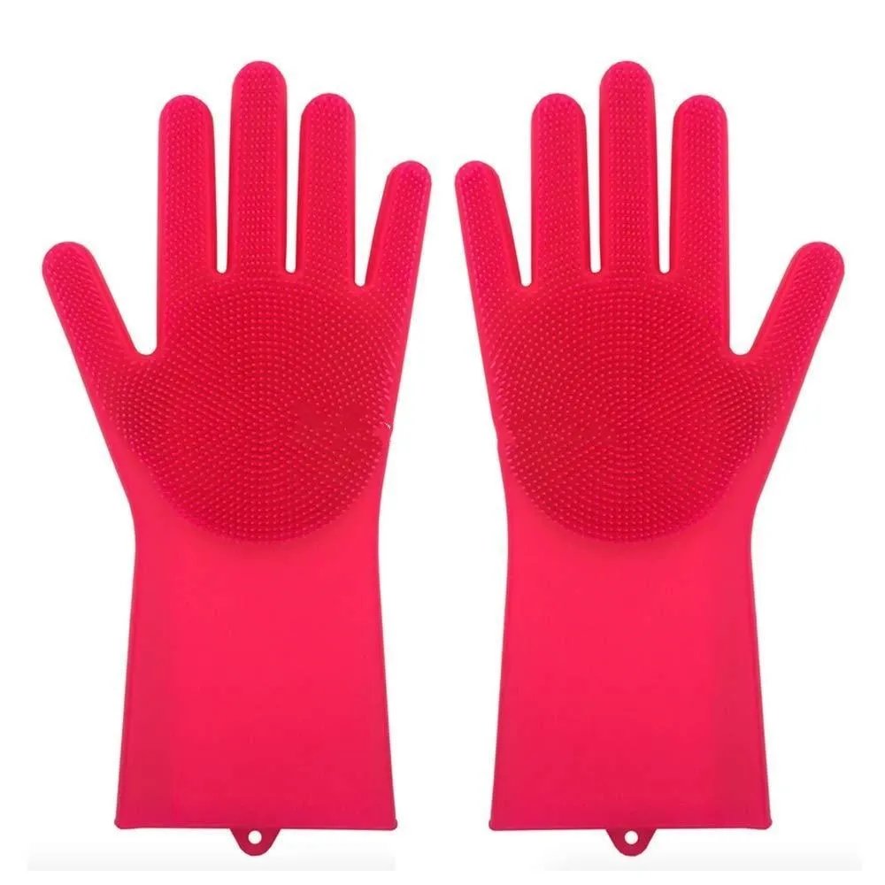 Blue silicone cleaning gloves with a textured sponge palm design for scrubbing.