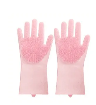 Blue silicone cleaning gloves with a textured sponge palm design for scrubbing.