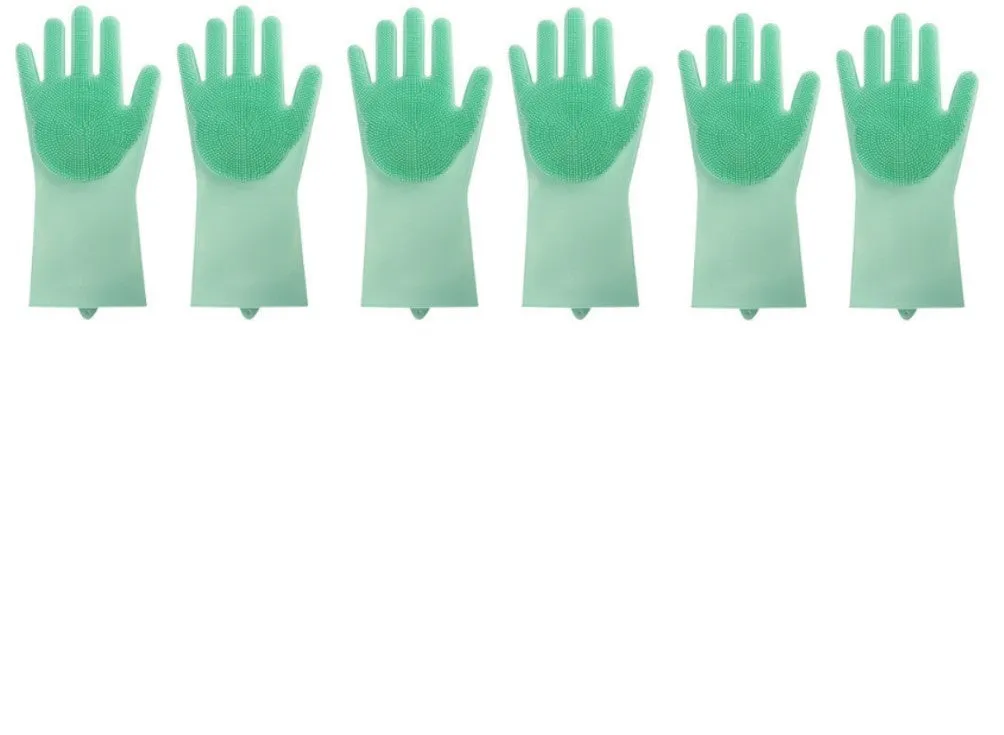 Blue silicone cleaning gloves with a textured sponge palm design for scrubbing.