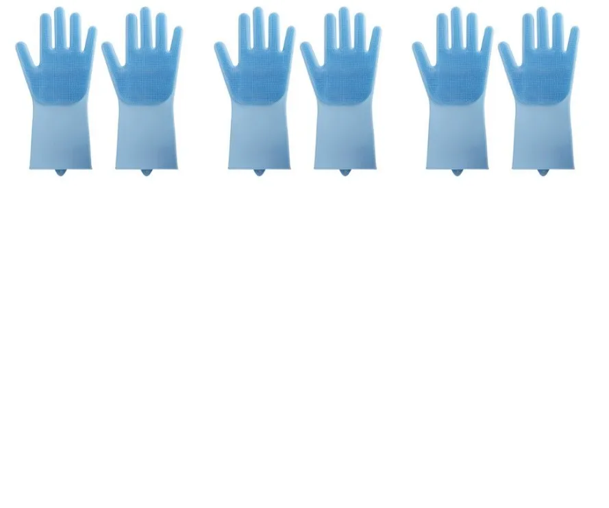 Blue silicone cleaning gloves with a textured sponge palm design for scrubbing.