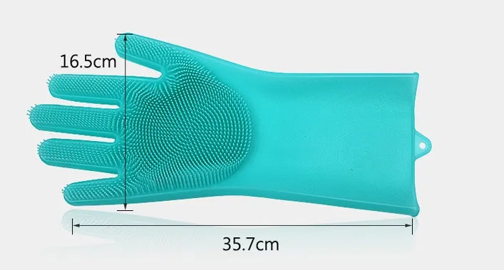 Blue silicone cleaning gloves with a textured sponge palm design for scrubbing.