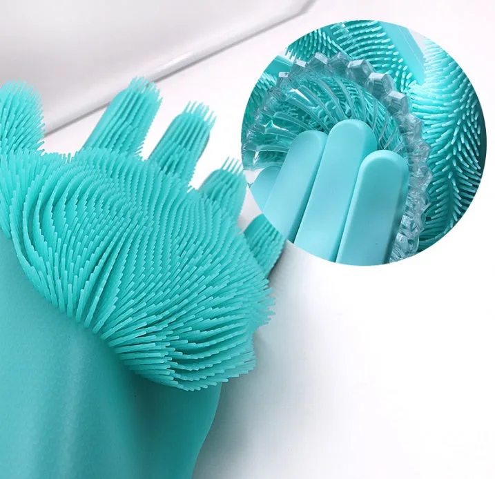 Blue silicone cleaning gloves with a textured sponge palm design for scrubbing.