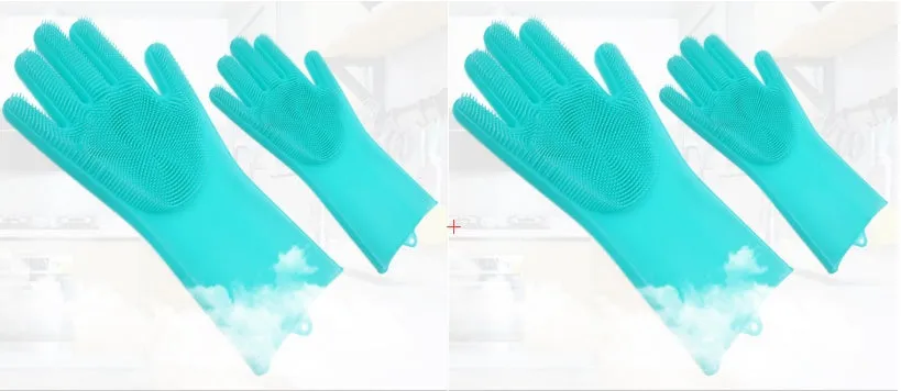 Blue silicone cleaning gloves with a textured sponge palm design for scrubbing.
