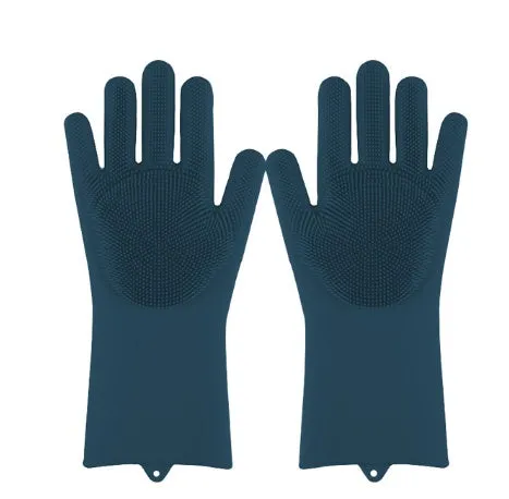 Blue silicone cleaning gloves with a textured sponge palm design for scrubbing.