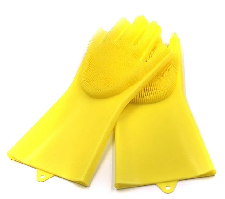 Blue silicone cleaning gloves with a textured sponge palm design for scrubbing.