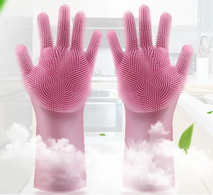 Blue silicone cleaning gloves with a textured sponge palm design for scrubbing.