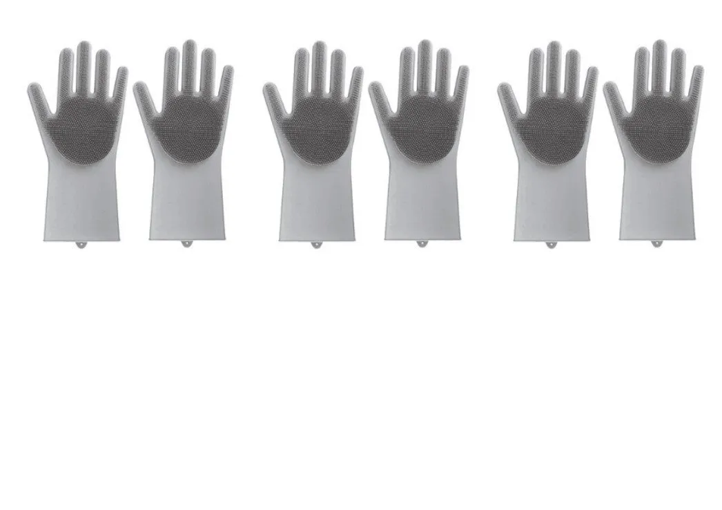 Blue silicone cleaning gloves with a textured sponge palm design for scrubbing.