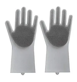 Blue silicone cleaning gloves with a textured sponge palm design for scrubbing.