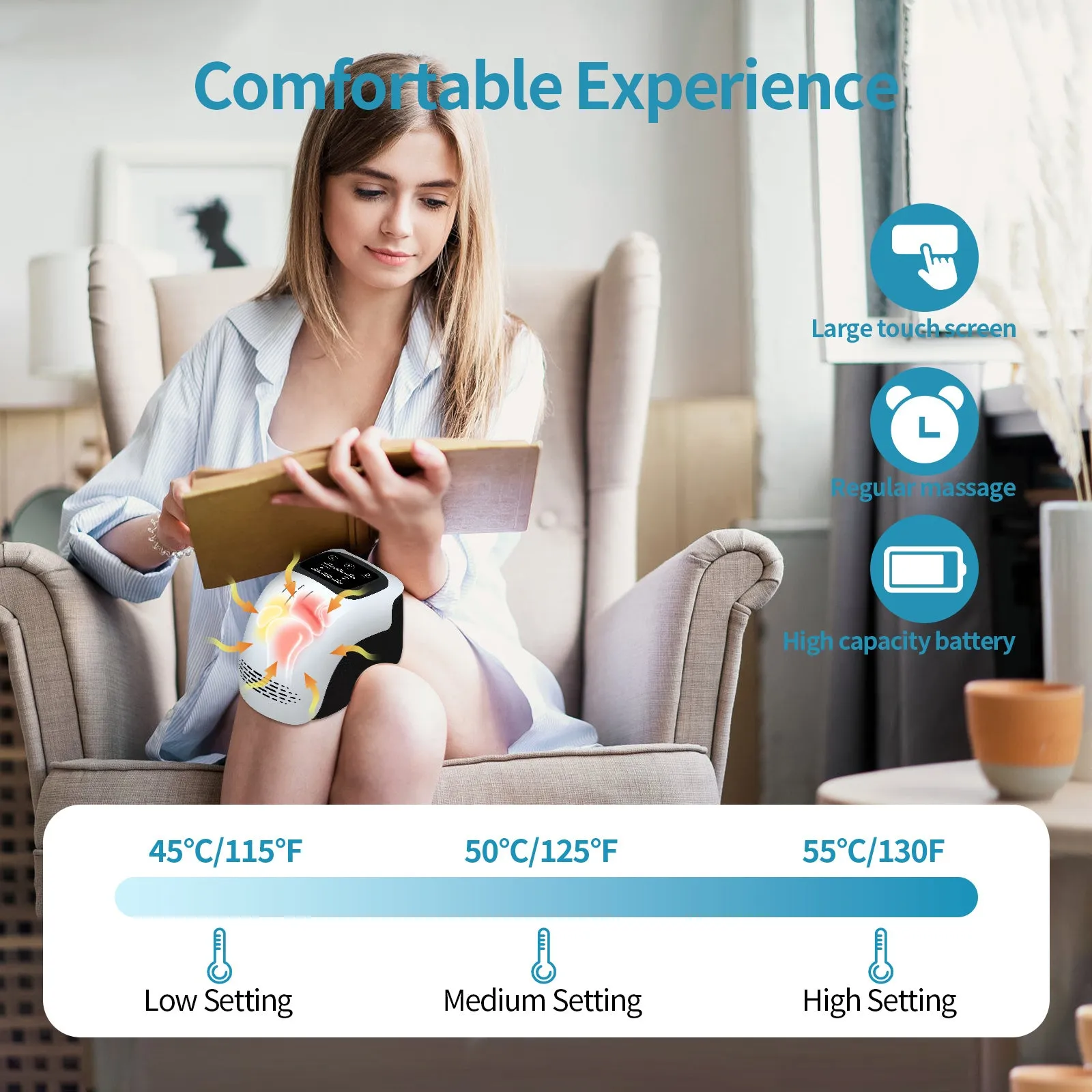 White rechargeable knee massager with infrared laser heating and intelligent kneading functions