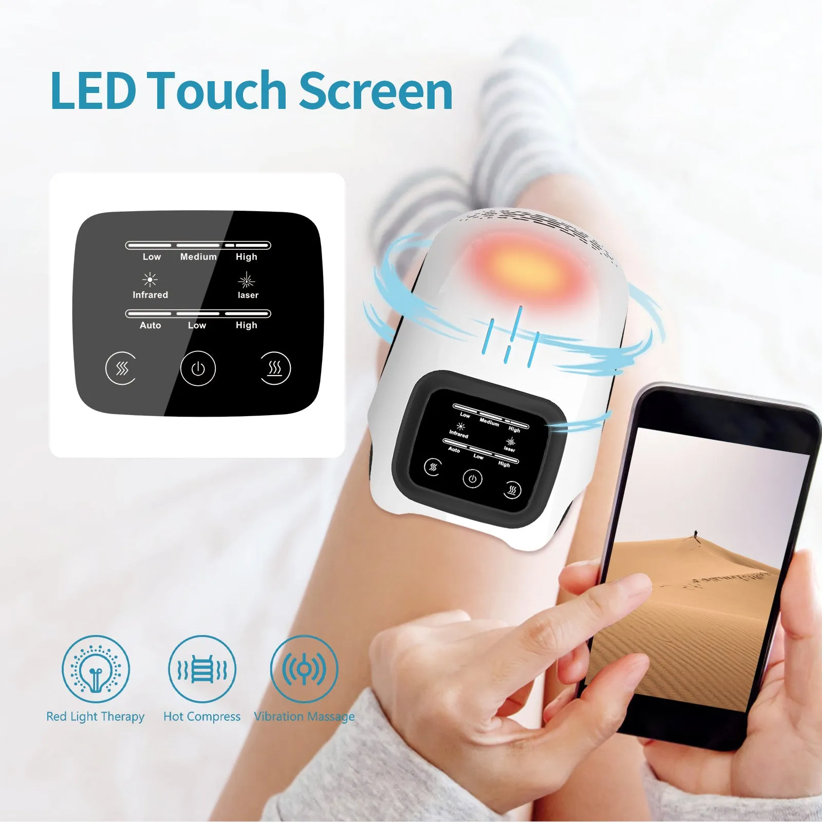 White rechargeable knee massager with infrared laser heating and intelligent kneading functions