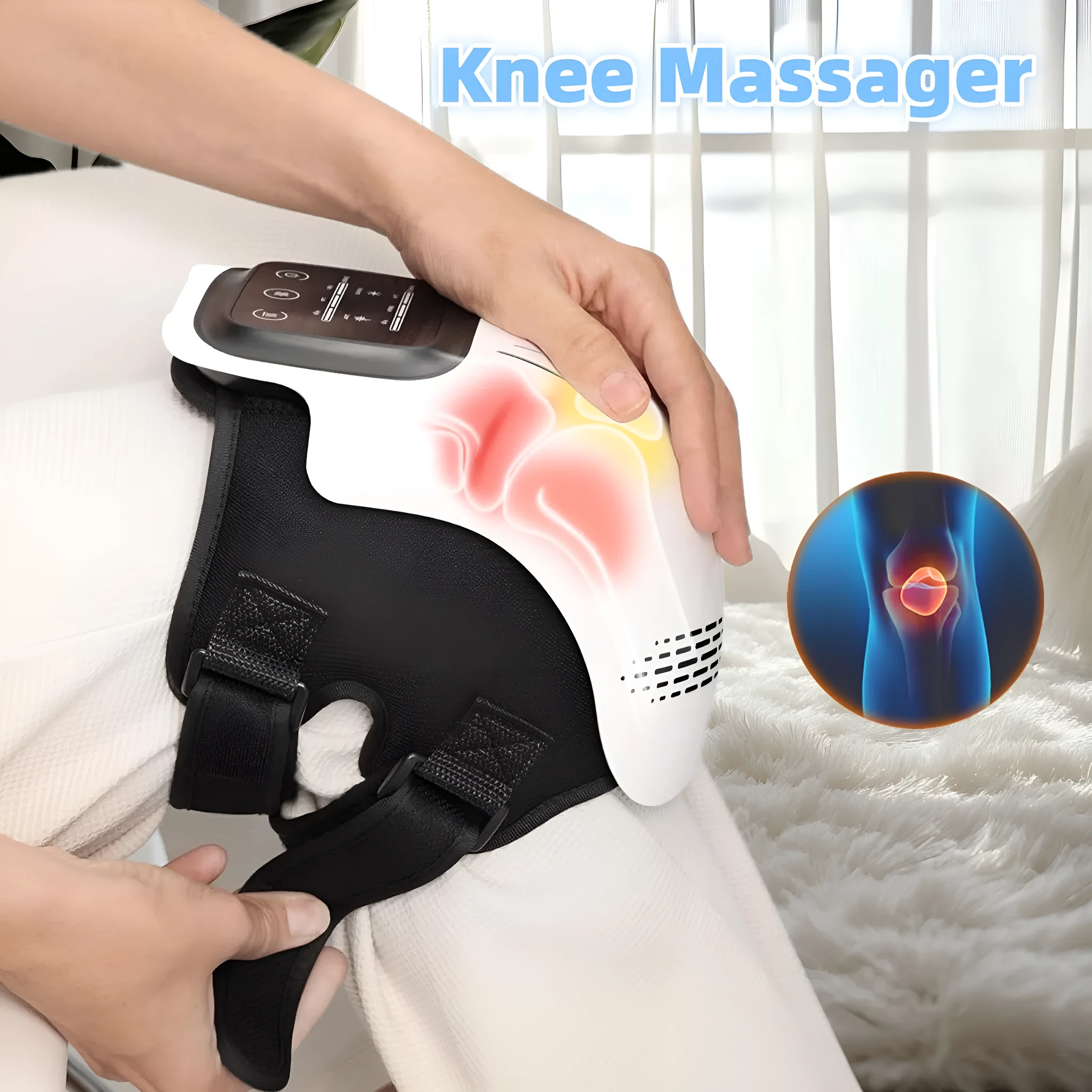 White rechargeable knee massager with infrared laser heating and intelligent kneading functions