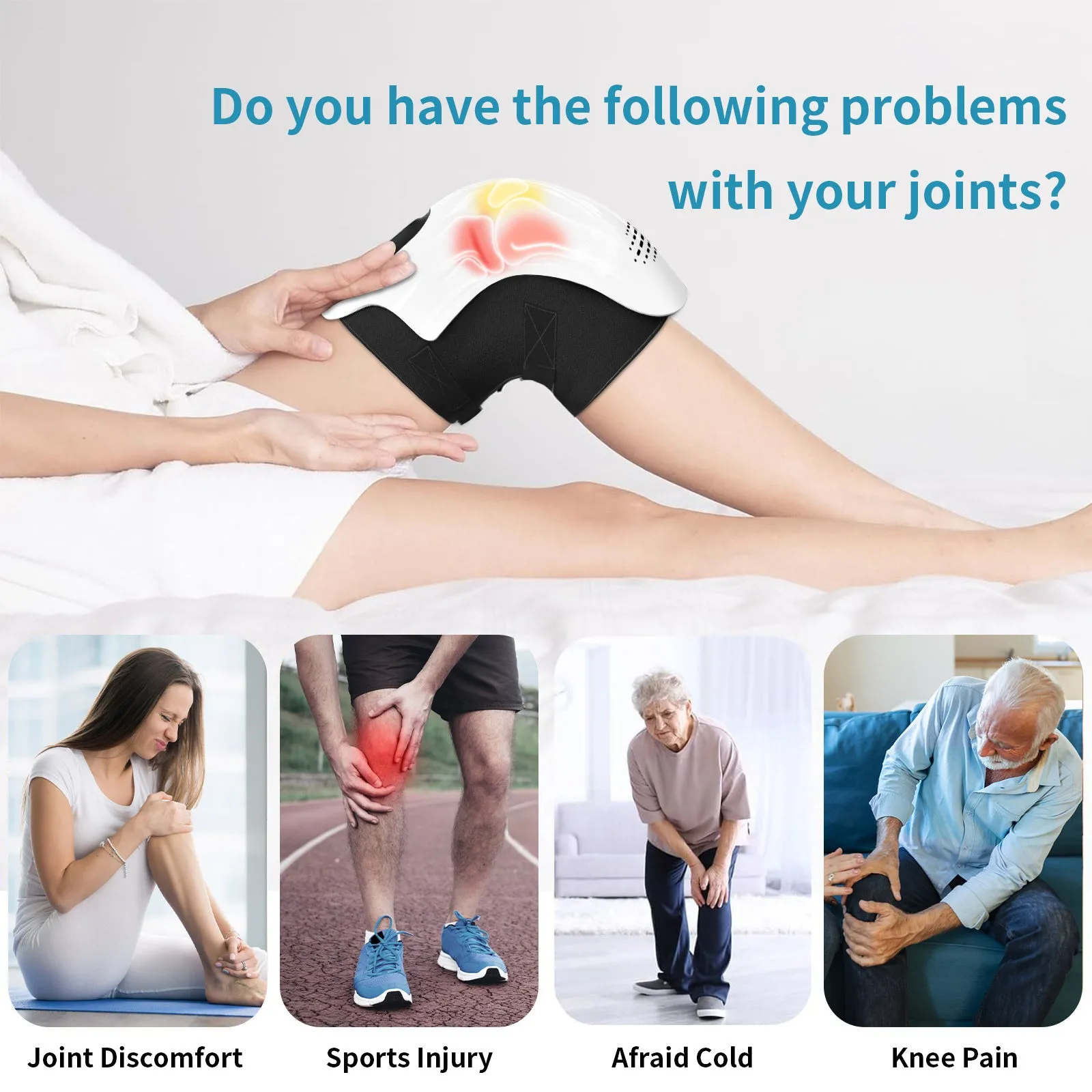 White rechargeable knee massager with infrared laser heating and intelligent kneading functions
