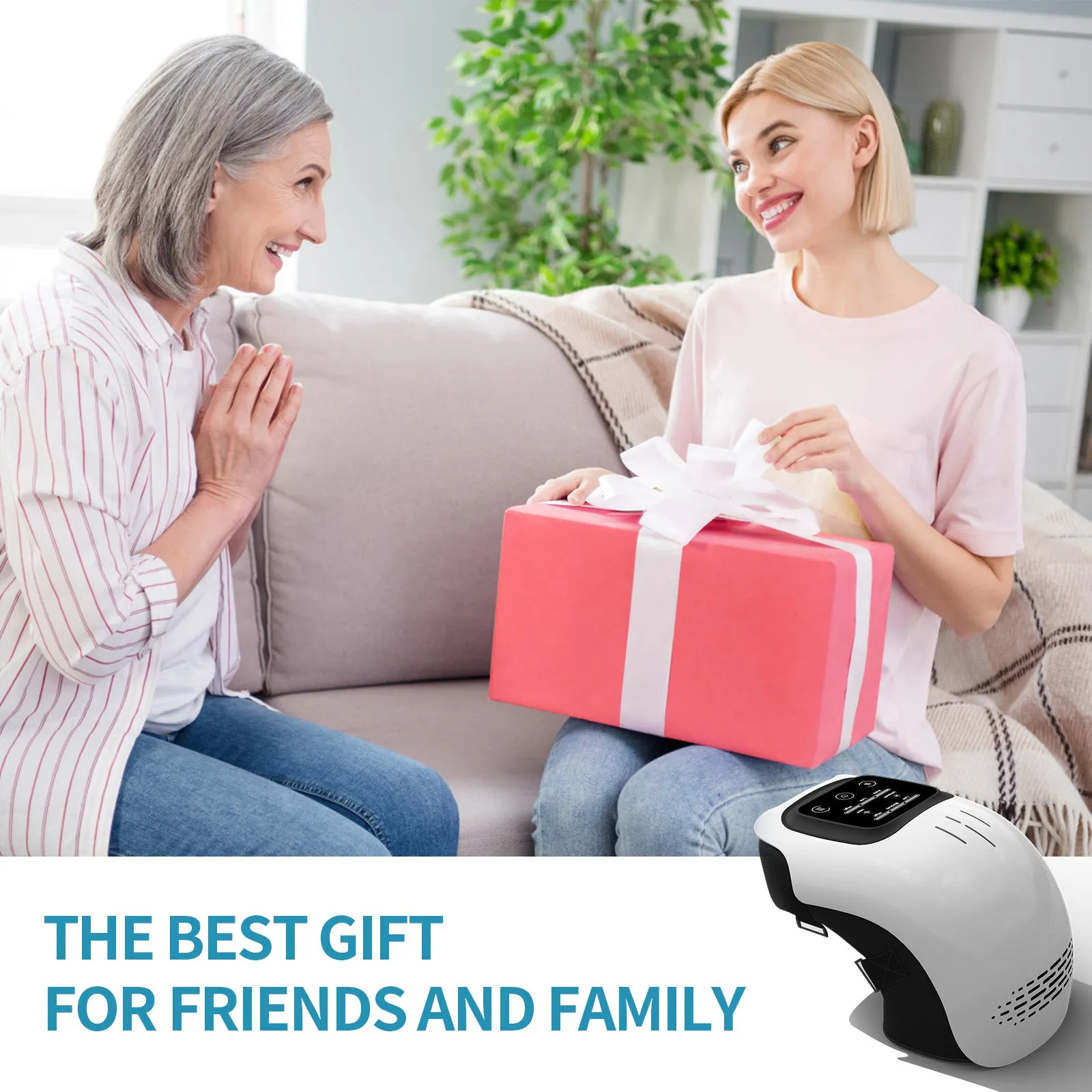 White rechargeable knee massager with infrared laser heating and intelligent kneading functions