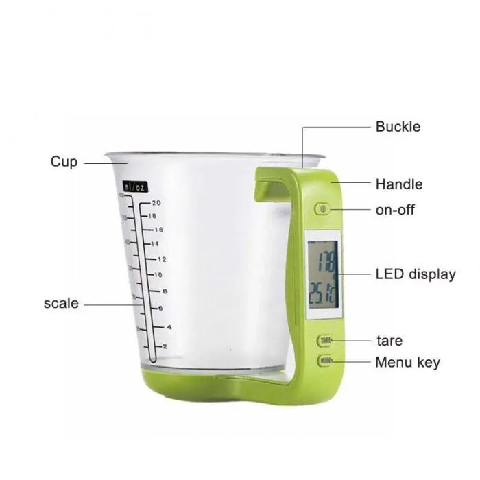 Green digital measuring cup scale with LCD display showing weight measurement