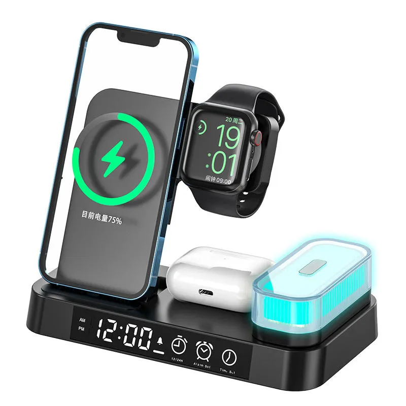 White 4-in-1 wireless charger station with foldable stand, alarm clock display, and RGB night light charging multiple devices