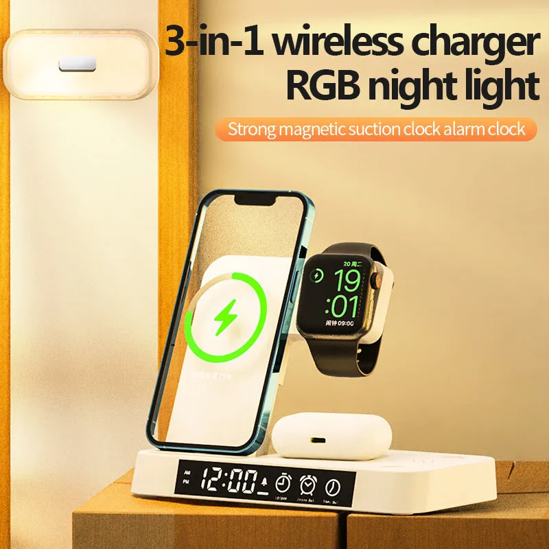 White 4-in-1 wireless charger station with foldable stand, alarm clock display, and RGB night light charging multiple devices