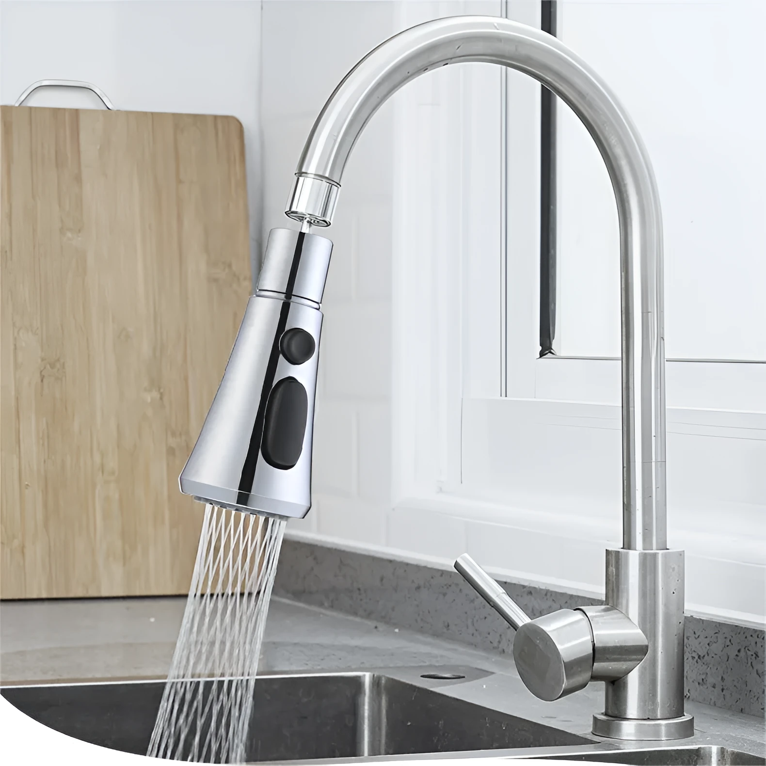 Universal pressurised kitchen faucet sprayer with rotating head and three water mode settings