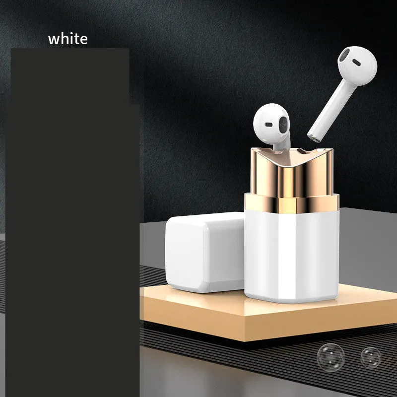 Fashion lipstick case open to show black Bluetooth earbuds with in-ear design.