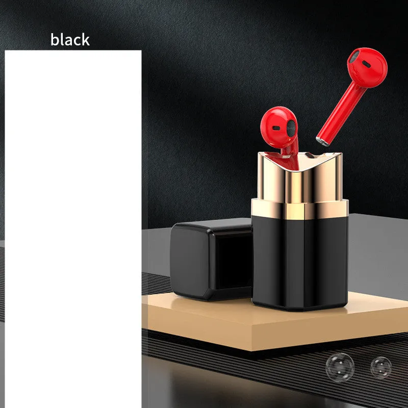 Fashion lipstick case open to show black Bluetooth earbuds with in-ear design.
