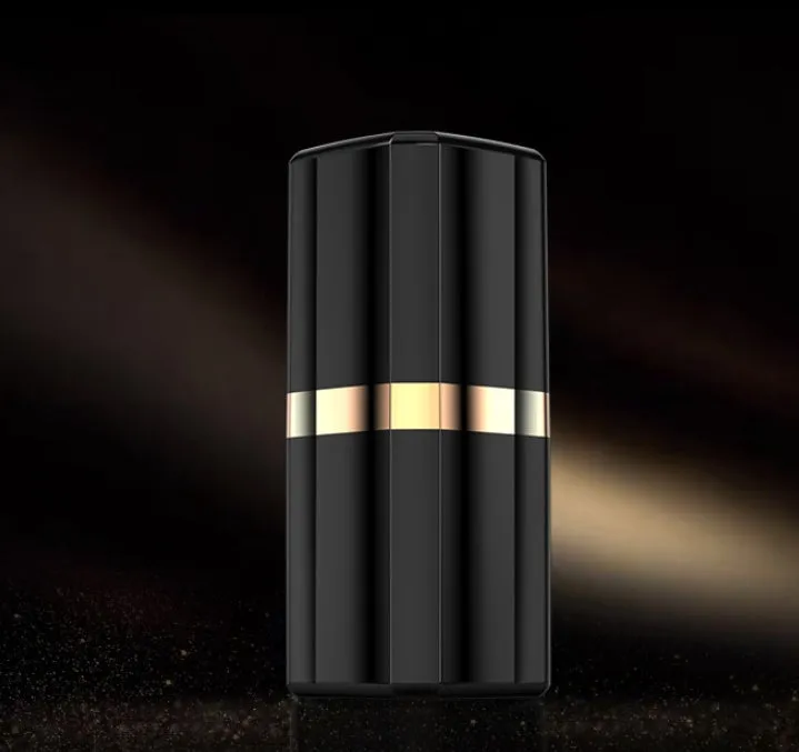 Fashion lipstick case open to show black Bluetooth earbuds with in-ear design.
