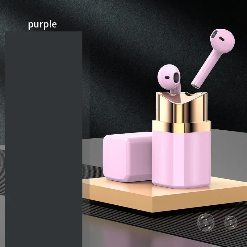 Fashion lipstick case open to show black Bluetooth earbuds with in-ear design.