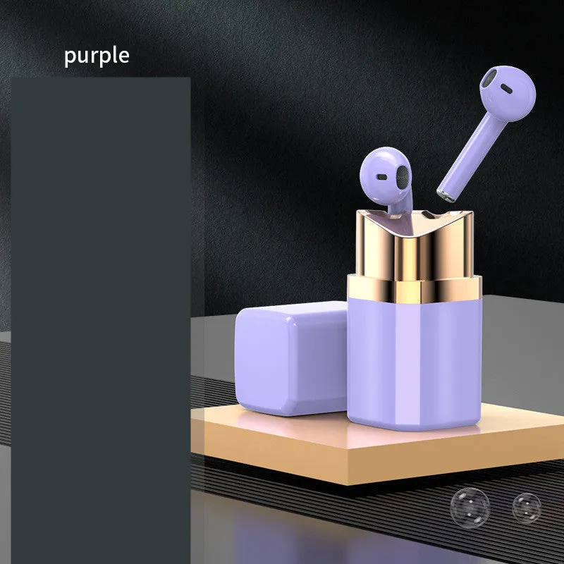 Fashion lipstick case open to show black Bluetooth earbuds with in-ear design.