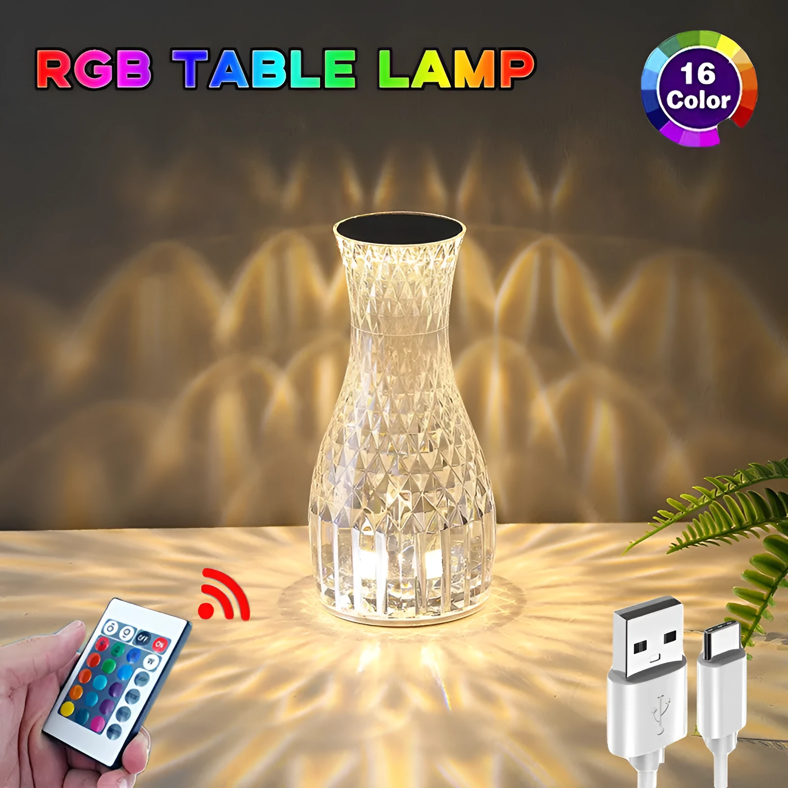 Vase-shaped transparent crystal bedside lamp with touch controls and LED lights on a table.