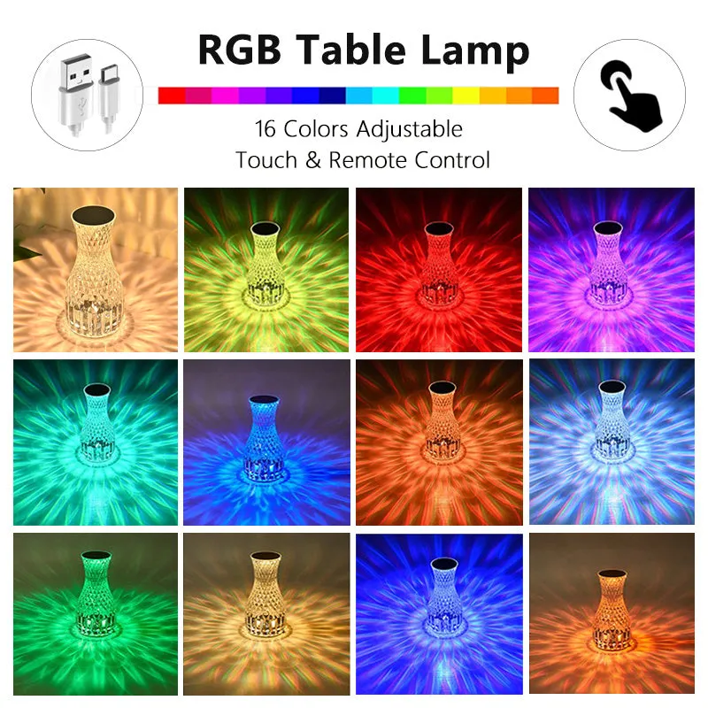 Vase-shaped transparent crystal bedside lamp with touch controls and LED lights on a table.