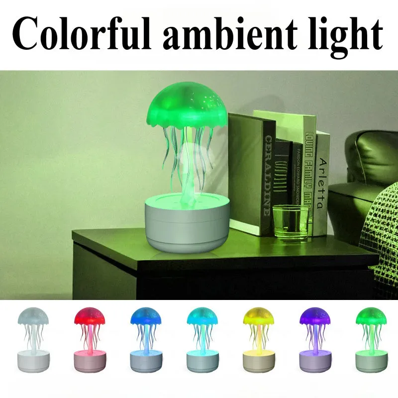 White jellyfish-shaped humidifier and essential oil diffuser with coloured LED lights and mist output.