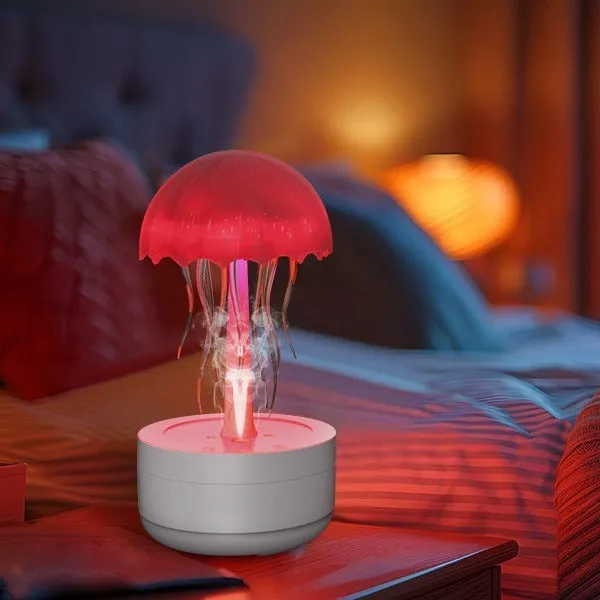 White jellyfish-shaped humidifier and essential oil diffuser with coloured LED lights and mist output.