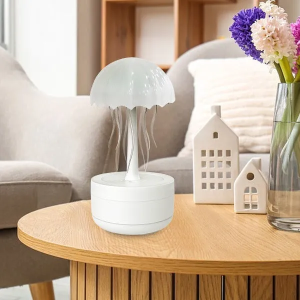White jellyfish-shaped humidifier and essential oil diffuser with coloured LED lights and mist output.