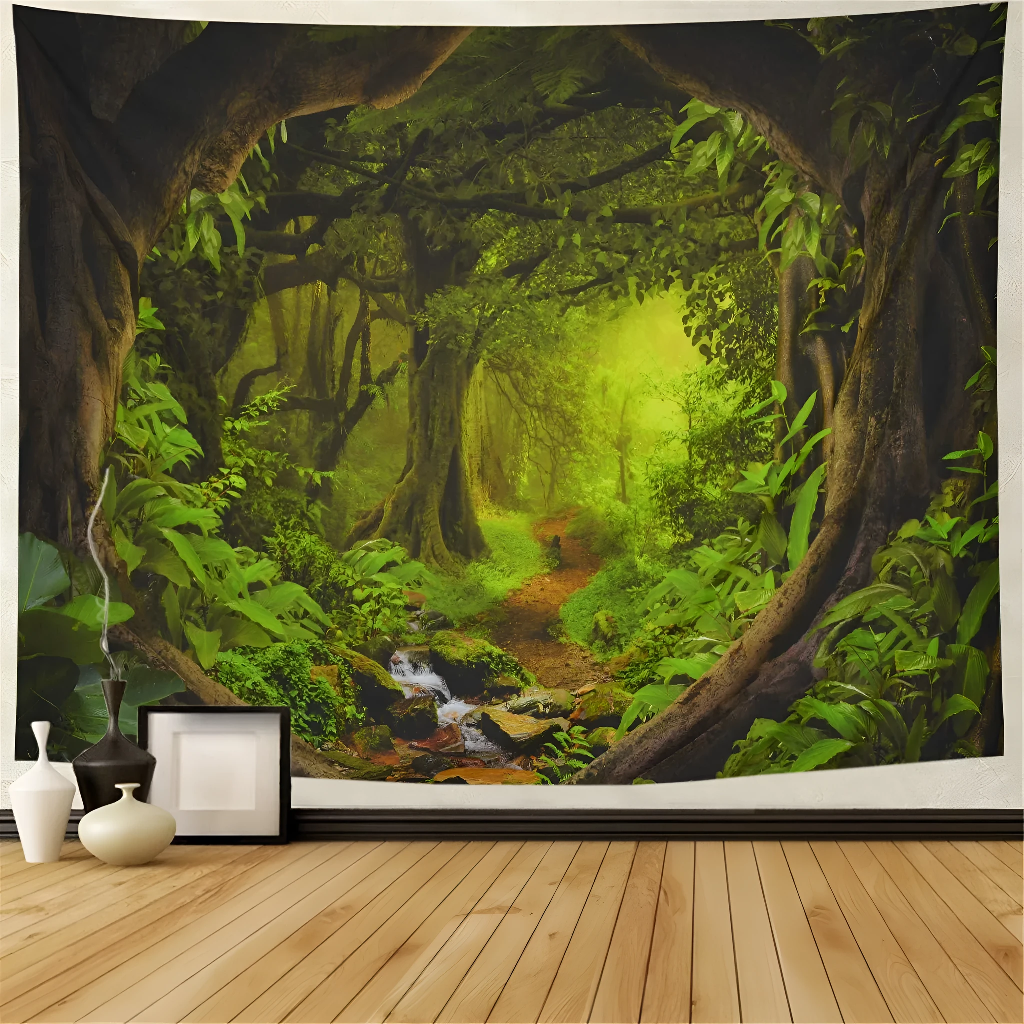 Large bohemian wall tapestry with forest and mandala pattern on a wall