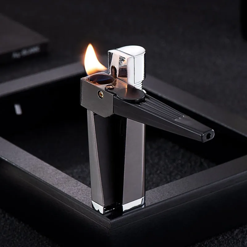 Refillable metal pipe lighter with foldable cover and built-in smoking bowl