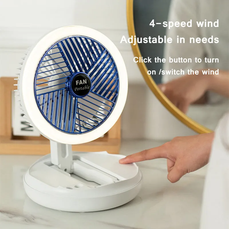 Blue foldable USB desk fan with LED light, shown in open position with 300° head tilt