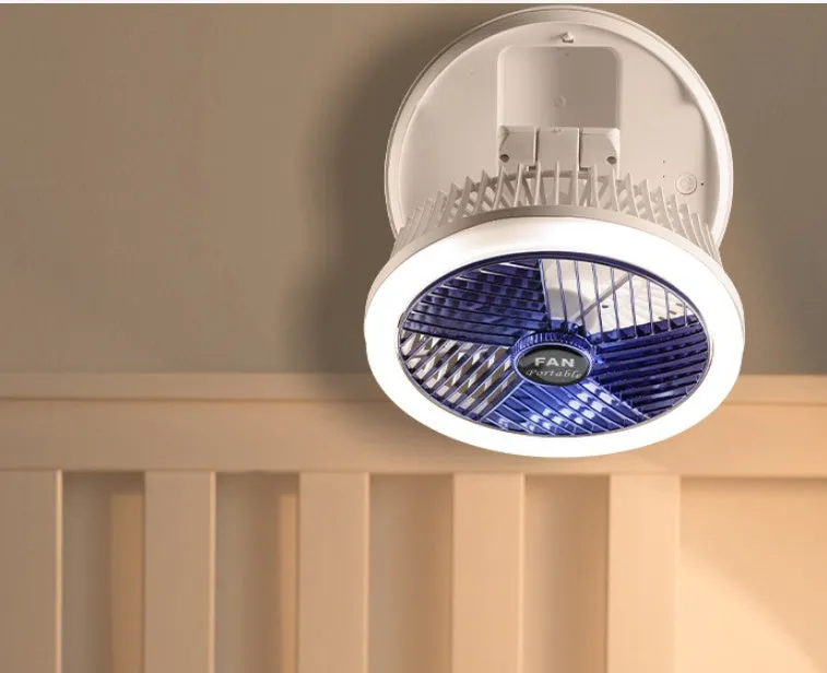 Blue foldable USB desk fan with LED light, shown in open position with 300° head tilt