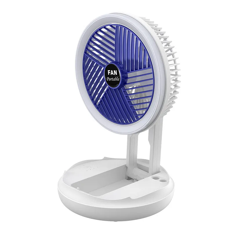 Blue foldable USB desk fan with LED light, shown in open position with 300° head tilt