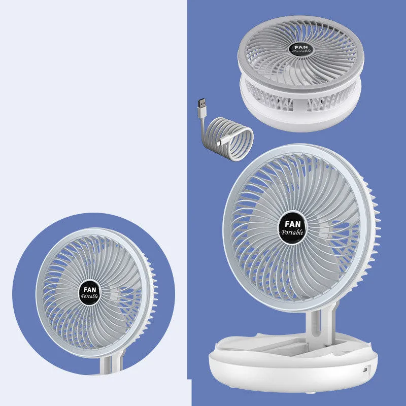 Blue foldable USB desk fan with LED light, shown in open position with 300° head tilt