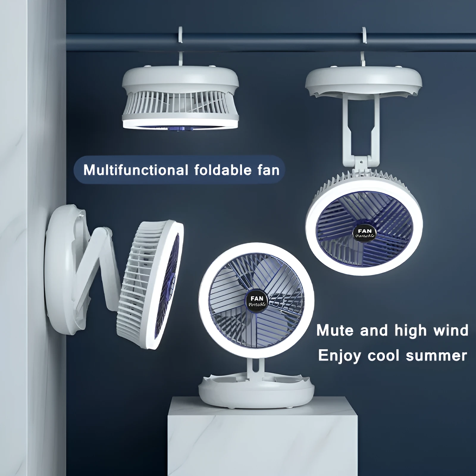 Blue foldable USB desk fan with LED light, shown in open position with 300° head tilt