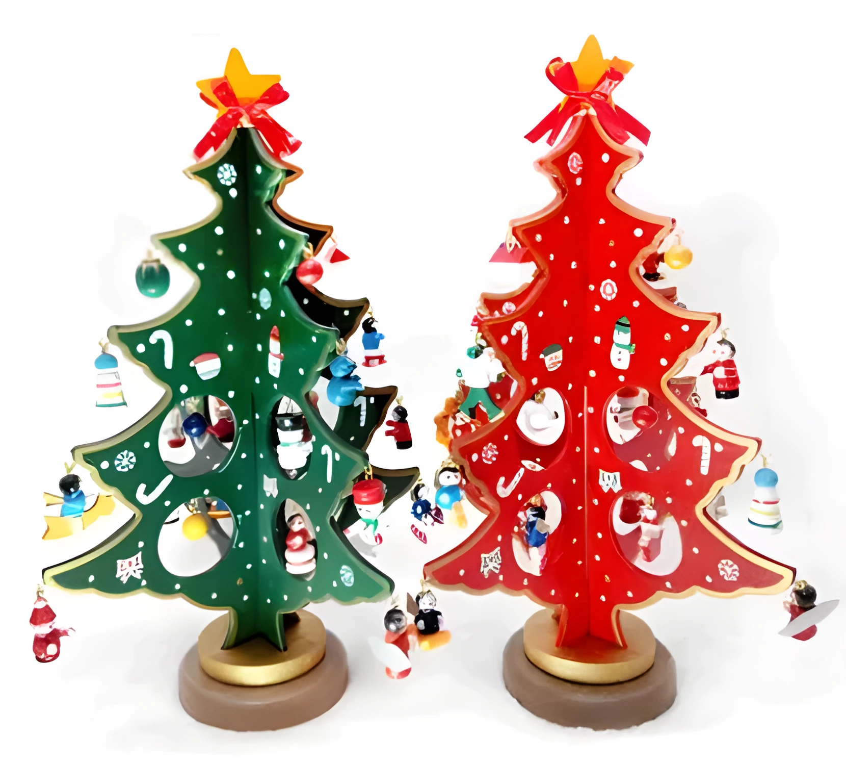 Hand painted wooden Christmas tree desktop decoration in red and green colours measuring 36cm tall