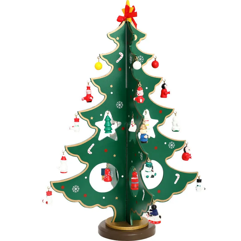 Hand painted wooden Christmas tree desktop decoration in red and green colours measuring 36cm tall