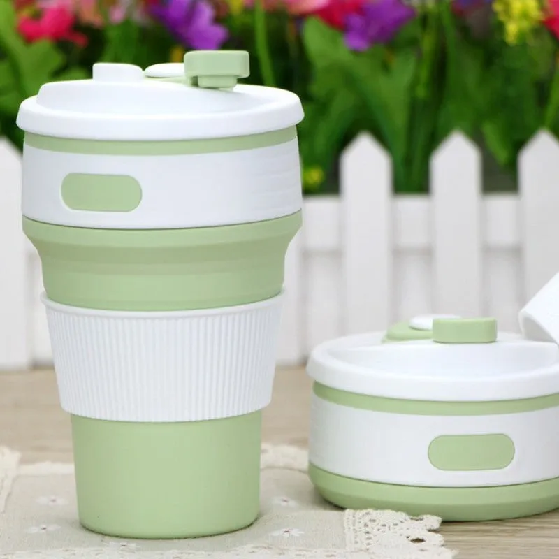 Green collapsible silicone travel mug shown expanded and folded to 6cm height