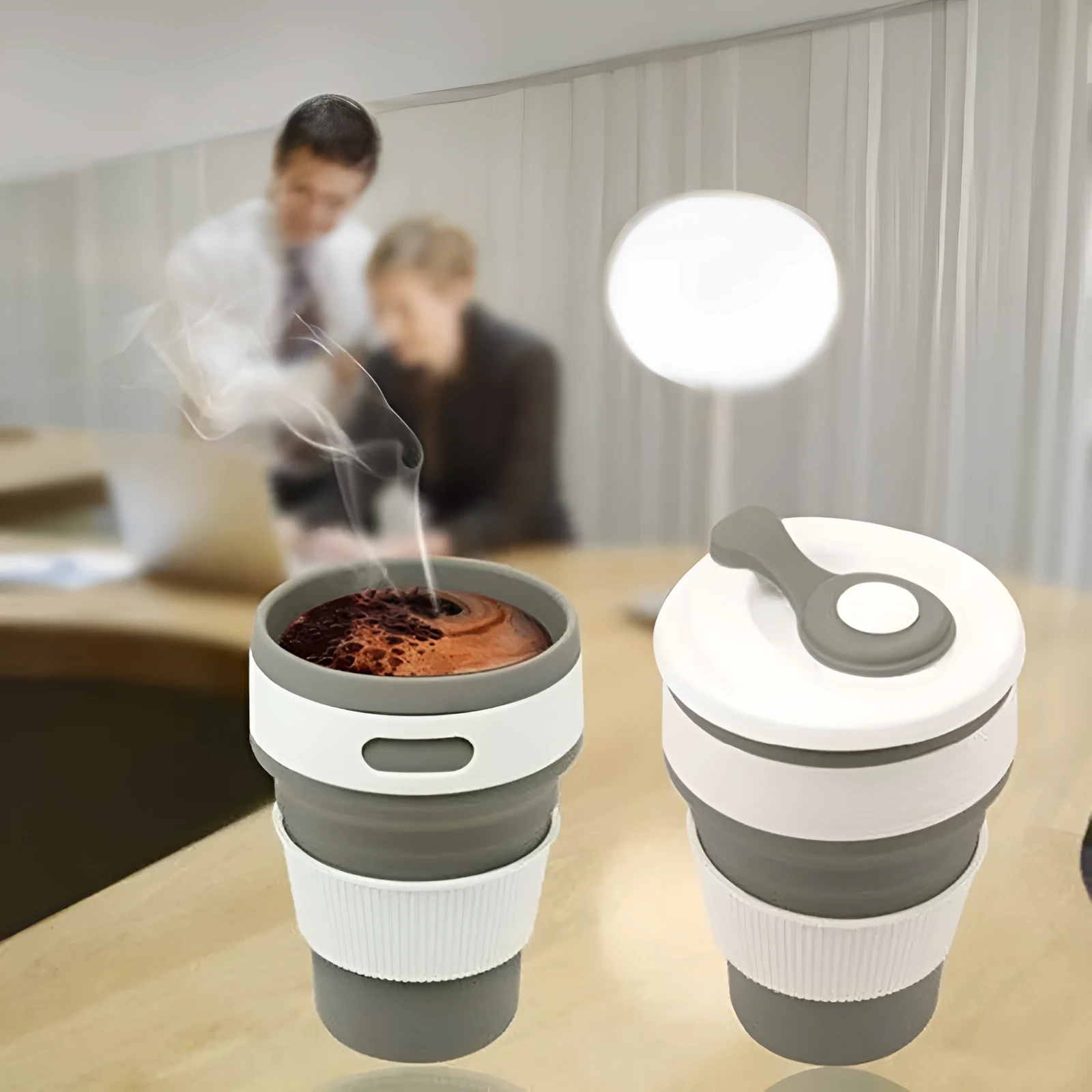 Green collapsible silicone travel mug shown expanded and folded to 6cm height