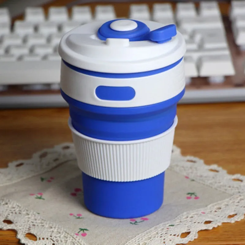 Green collapsible silicone travel mug shown expanded and folded to 6cm height