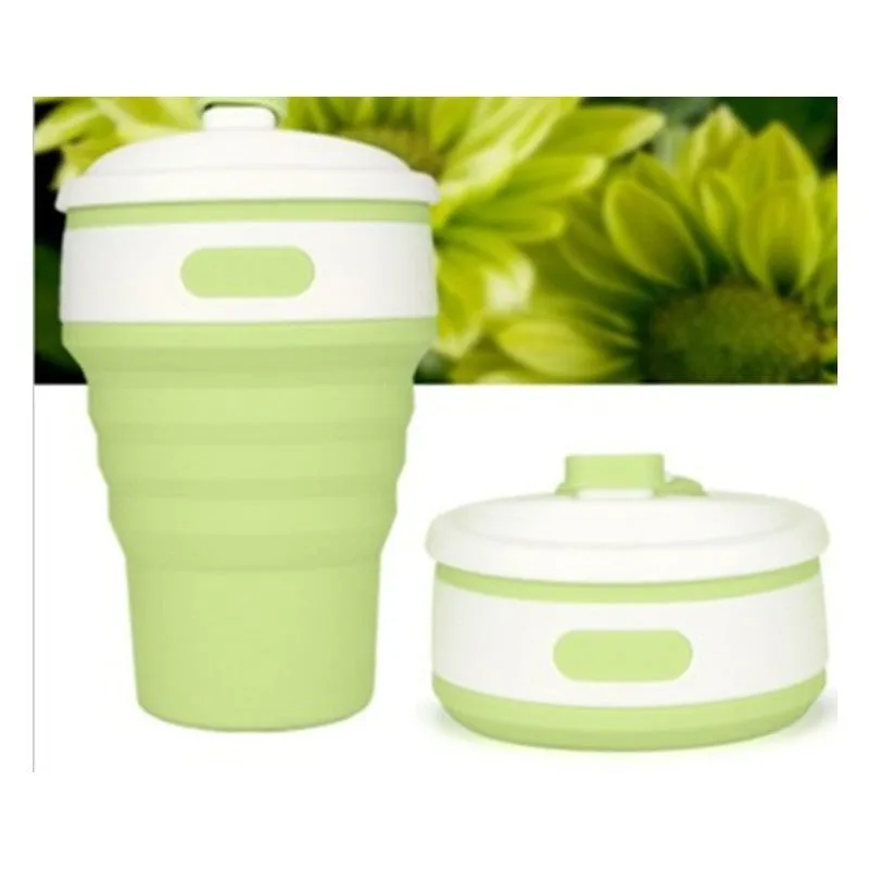 Green collapsible silicone travel mug shown expanded and folded to 6cm height
