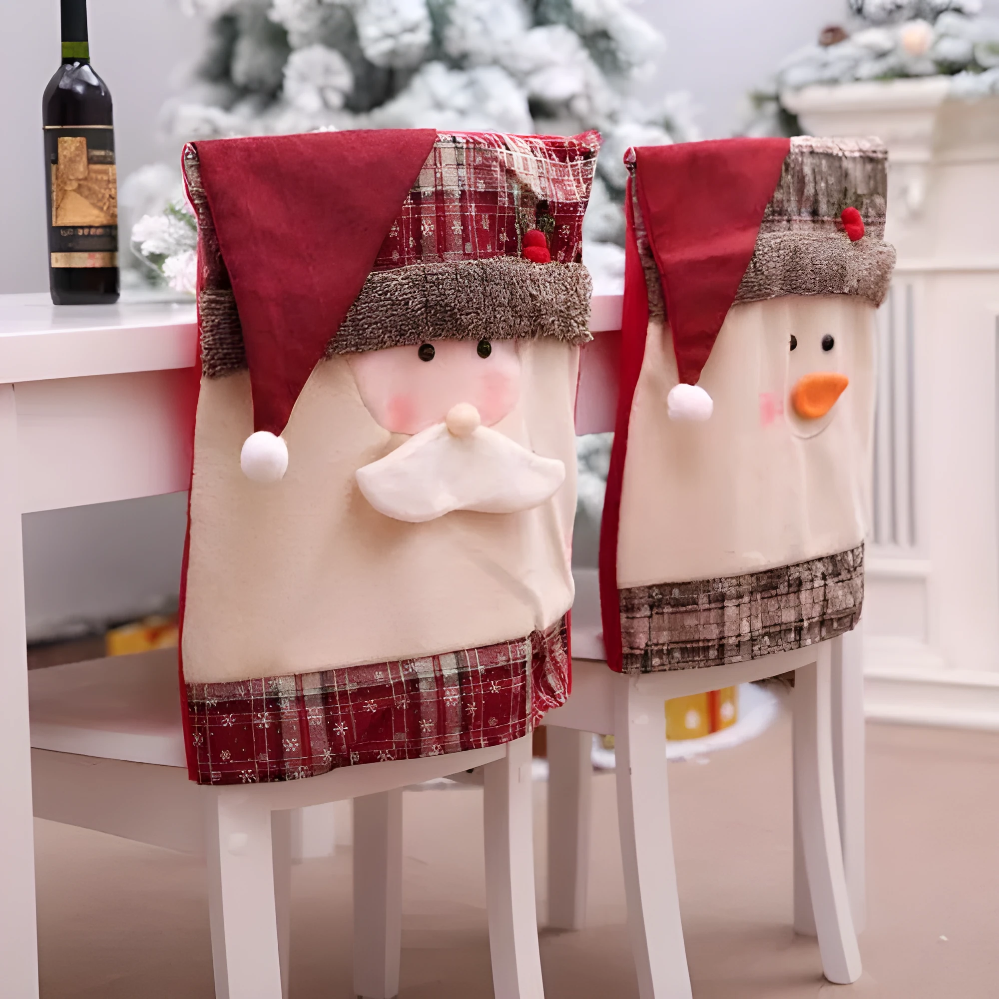 Christmas chair cover set with Santa Claus and snowman designs on dining chair