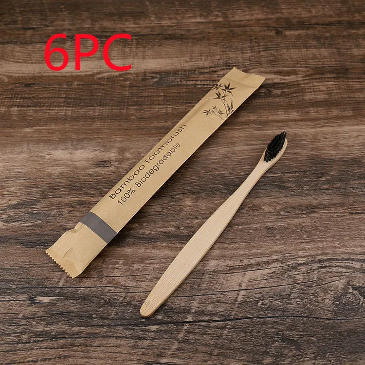 Set of 10 bamboo toothbrushes in multiple colours showing natural bamboo handles and soft bristles