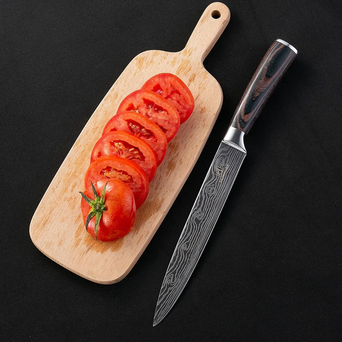 7CR17 stainless steel chef knife with laser Damascus pattern and colour steel handle, blade length 18cm.