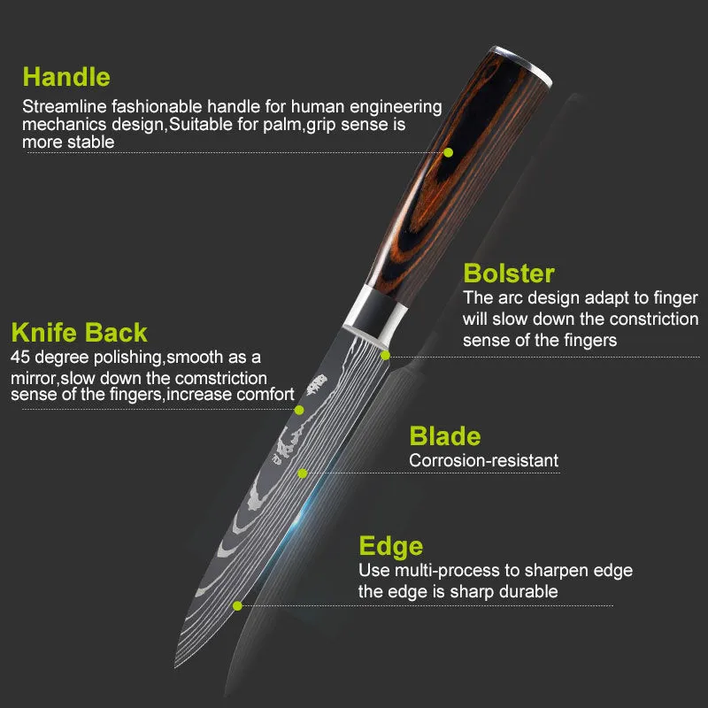 7CR17 stainless steel chef knife with laser Damascus pattern and colour steel handle, blade length 18cm.