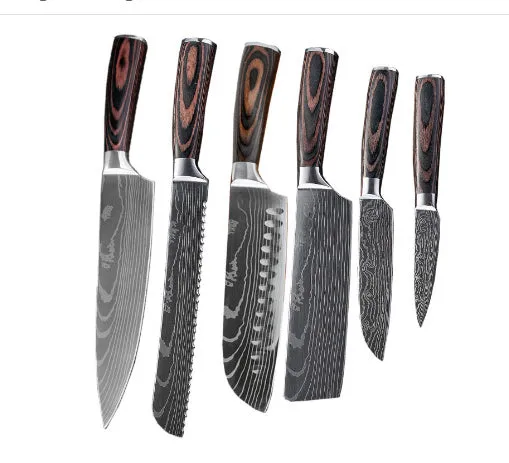 7CR17 stainless steel chef knife with laser Damascus pattern and colour steel handle, blade length 18cm.