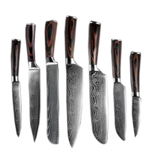7CR17 stainless steel chef knife with laser Damascus pattern and colour steel handle, blade length 18cm.